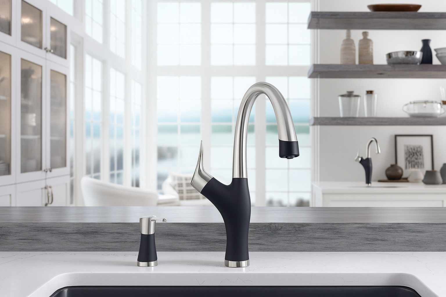 Coordinated finishes for faucet and soap dispenser